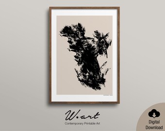 May include: A framed print featuring a large, abstract black brushstroke design on a beige background. The artwork is in a brown wooden frame. The text "W. art Contemporary Printable Art" is at the bottom.