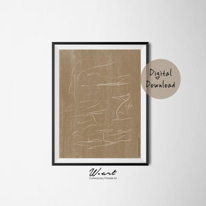 May include: Abstract art print with white lines on a brown background. The print is framed in a black frame. The text "Digital Download" is in a circle on the right side of the image. The text "W.art Contemporary Printable Art" is at the bottom of the image.