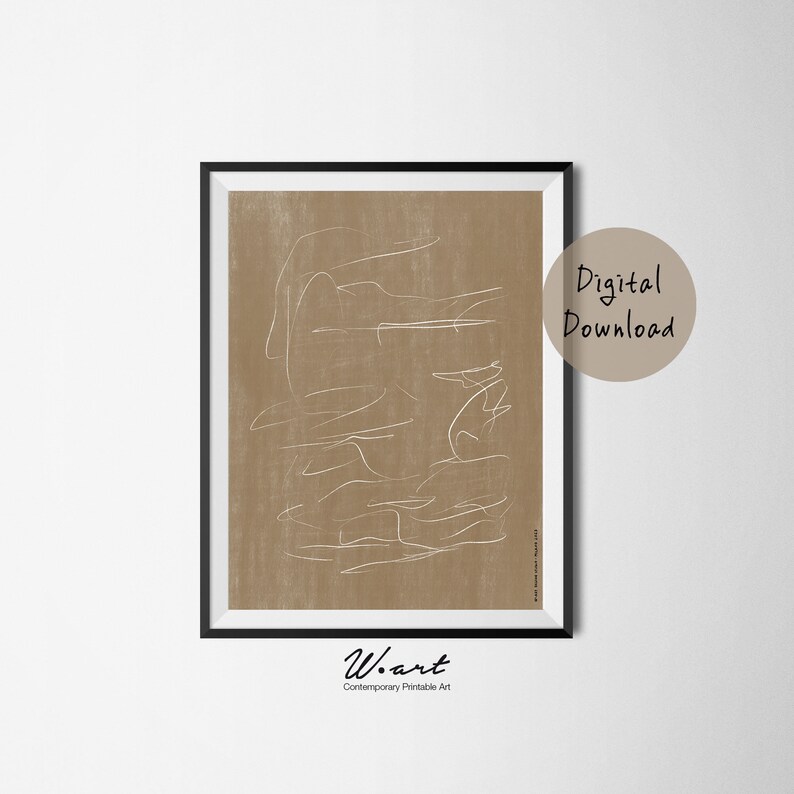 May include: Abstract art print with white lines on a brown background. The print is framed in a black frame. The text "Digital Download" is in a circle on the right side of the image. The text "W.art Contemporary Printable Art" is at the bottom of the image.
