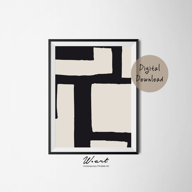 May include: A digital download of a printable abstract art print featuring a black and beige geometric design. The print is framed in a black frame and has the text "W.art Contemporary Printable Art" at the bottom.