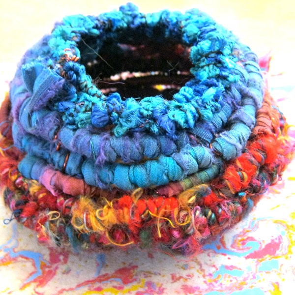 small hand coiled basket using recycled yarn