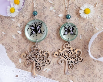 Sister necklace - Weird jewelry - Italian jewelry - Tree of life jewelry - Butterfly charm - Button necklace - Whimsical jewelry