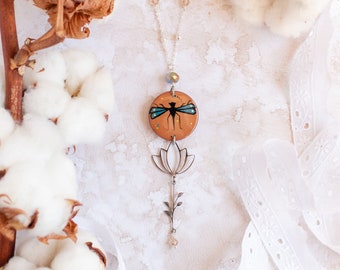 Aesthetic necklace - Lotus flower - Dragonfly jewelry - Dragonfly gifts - Weird jewelry - Dragonfly pendant - Button necklace