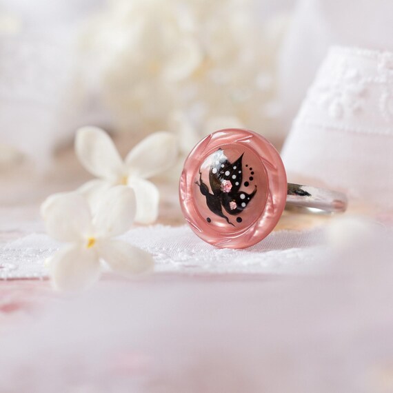 Anello con farfalla rosa Anello rosa dipinto Anello con