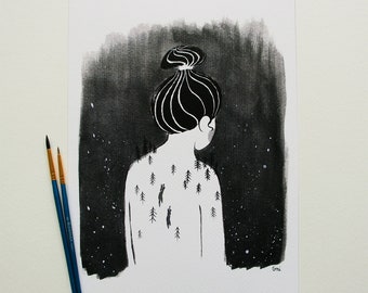 May include: Black and white ink illustration of a person with a bun hairstyle, facing away from the viewer. The person's back is covered in a pattern of small trees. The background is a dark wash of black ink with white dots.