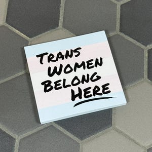 May include: A blue and pink sticky note with the text "TRANS WOMEN BELONG HERE" written in black marker.