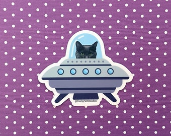 Murder Cat in Space, Cat in Spaceship Sticker, Spaceship Sticker, Flying saucer sticker