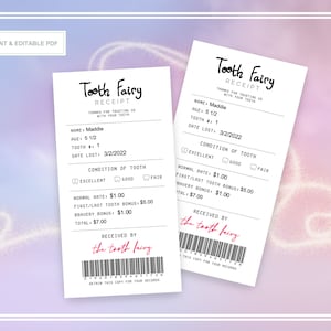 INSTANT DOWNLOAD | Editable Tooth Fairy Receipt, Printable Receipt Tooth Record Receipt