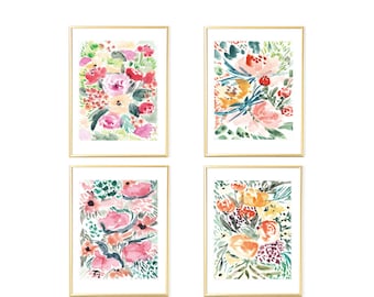 floral watercolor,set of 4 prints,floral wall art set,wall art set of 4, modern wall prints, digital flowers watercolor, floral art prints