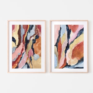 set of 2 wall art prints,abstract printable art,digital download, colorful prints set of 2,mid century wall art,copper and blue,watercolor