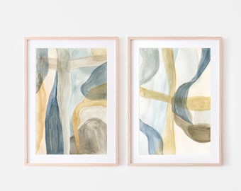 Abstract Art,Beige and Blue Wall Art,Set of 2 Abstract prints,Beige and Gray,Printable Art Set,Set of 2 neutral prints, Mustrad and Blue Art