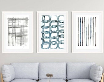 3er Set Wandkunst,Abstraktes Kunstset,Blaue und Graue Kunst,Set von 3 Postern,Blau weiß grau,3er Set Aquarell,Wandkunst Set von 3