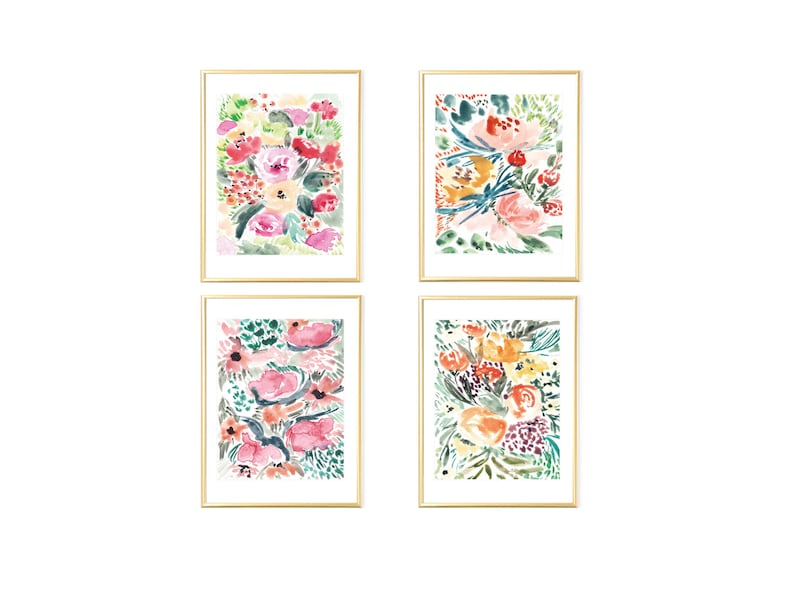 floral watercolor,set of 4 prints,floral wall art set,wall art set of 4, modern wall prints, digital flowers watercolor, floral art prints image 1