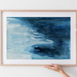 above the bed poster,large blue poster,indigo wall art,ocean print,abstract,watercolor,horizontal,modern,instant download,home wall decor