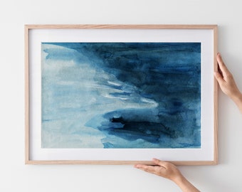 above the bed poster,large blue poster,indigo wall art,ocean print,abstract,watercolor,horizontal,modern,instant download,home wall decor