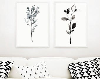 Set of 2 Botanical Prints,Black and White Wall Art,Printable Botanical Art,Scandinavian Botanical Art,Prints Set of 2,Botanical Wall Prints