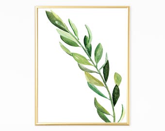 Green Branch Print,Minimalist Botanical Watercolor,Green Leaves Art Print,Botanical Home Decor,Printable Nature Art,Simple Nature Art