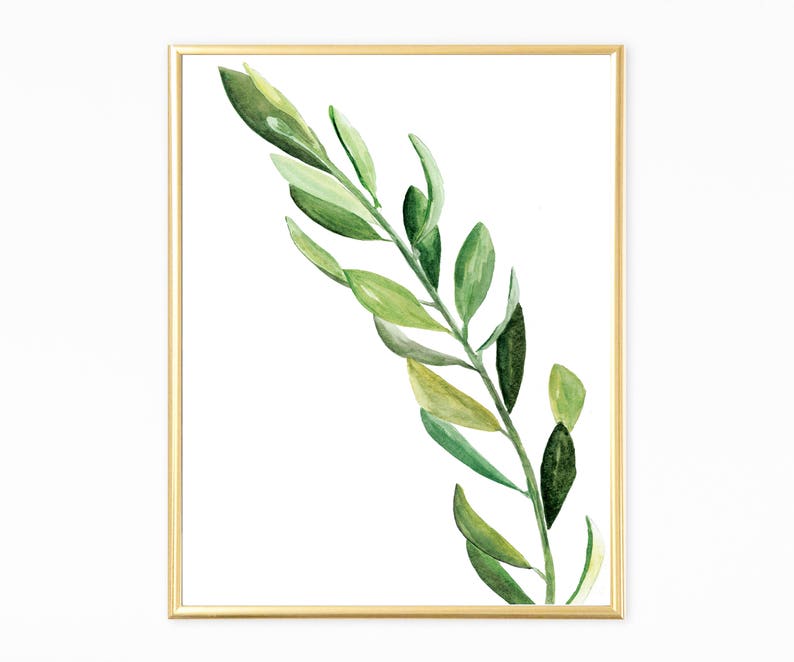 Green Branch Print,Minimalist Botanical Watercolor,Green Leaves Art Print,Botanical Home Decor,Printable Nature Art,Simple Nature Art image 1