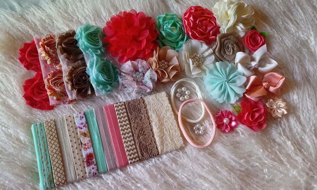 DIY Baby Headband Making Kit, Coral, Mint, Brown & Ivory Kit, Shabby
