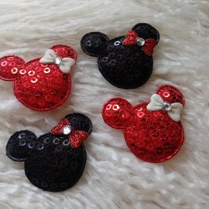 Micky Maus inspirierte Applikationen - rot oder schwarz mit Schleife - Paillettenapplikation, flache Rückseite mit Paillettenapplikation