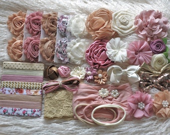 Kit DIY para hacer diademas para bebés, malva, rosa polvoriento, crema, marfil y dorado, Shabby Chic, flor glamorosa para tienda de suministros y diademas para baby shower