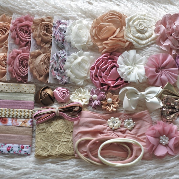 DIY Baby Headband Making Kit, Mauve, Dusty Pink, Cream, Ivory & Gold, Shabby Chic, Glam Flower for Baby Shower Headbands-supply shop