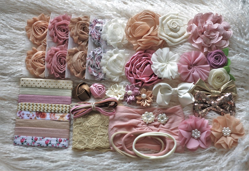 DIY Baby Headband Making Kit, Mauve, Dusty Pink, Cream, Ivory & Gold, Shabby Chic, Glam Flower for Baby Shower Headbands-supply shop image 1