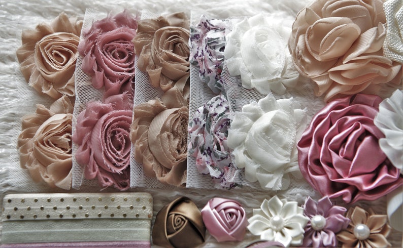 DIY Baby Headband Making Kit, Mauve, Dusty Pink, Cream, Ivory & Gold, Shabby Chic, Glam Flower for Baby Shower Headbands-supply shop image 4