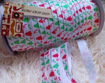 Christmas Candy Cane & Trees Fold Over Elastic, 5/8", DIY Supply
