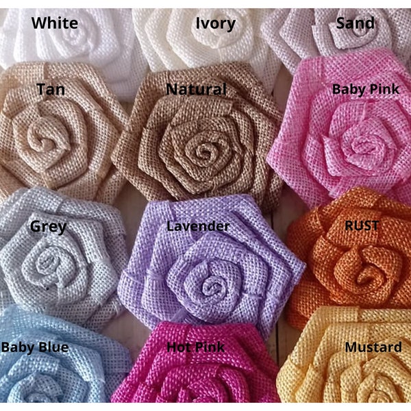 3" Flat Rolled Rosette Burlap roses -You Choose Quantity- Colors DIY- Felt flat backs- Headband Supplies- Flower- Wholesale- Supply Shop