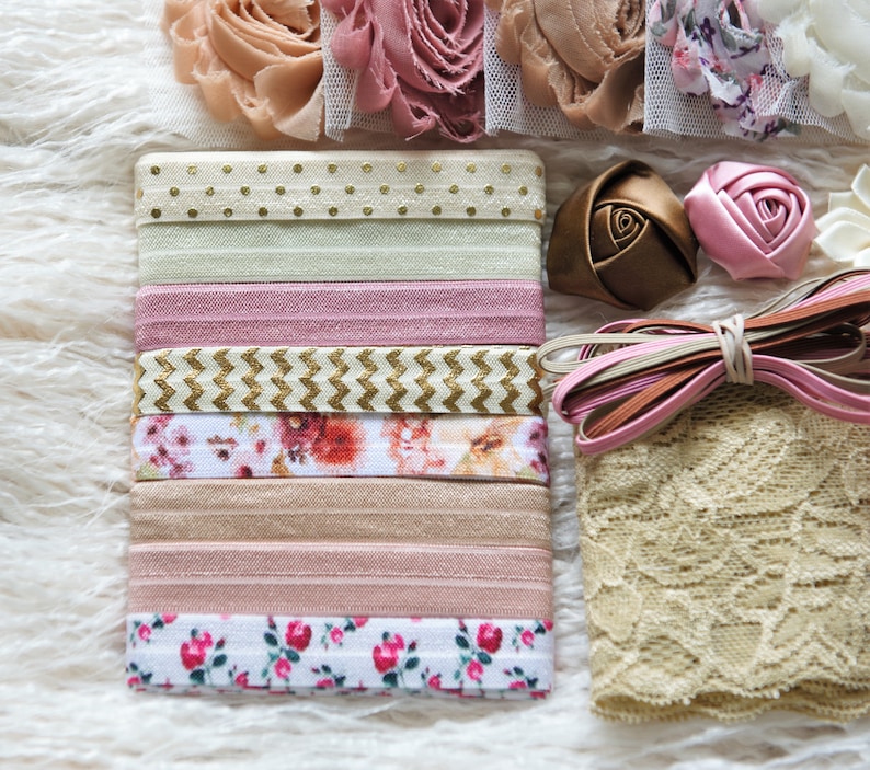 DIY Baby Headband Making Kit, Mauve, Dusty Pink, Cream, Ivory & Gold, Shabby Chic, Glam Flower for Baby Shower Headbands-supply shop image 2