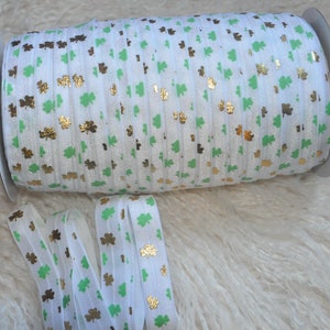 St Patrick&#39;s Day FOE-Shamrocks Printed 5/8 Green-Gold Clover shiny, by yard, FOE elastic, DIY supply, elastic for headband, ties Supply shop