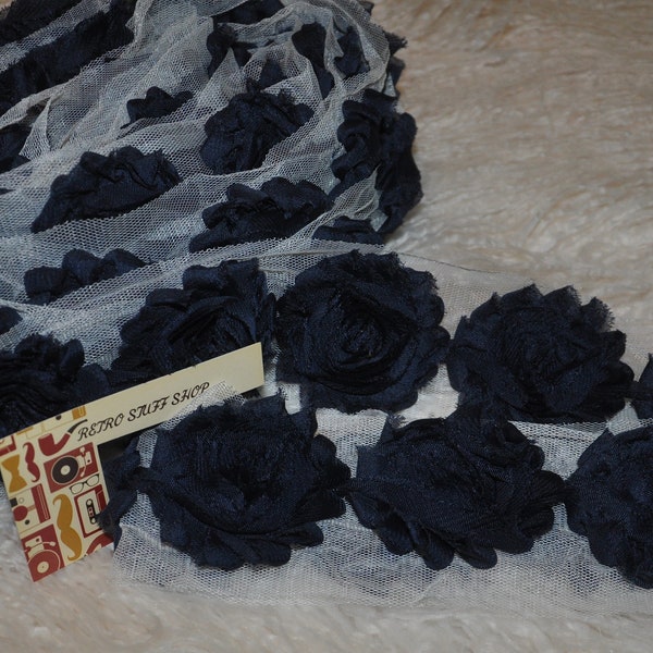 Navy shabby flower trim by the yard, You pick amount, shabby rose trim, wholesale flower trim, shabby trim, rose trim, chiffon trim,