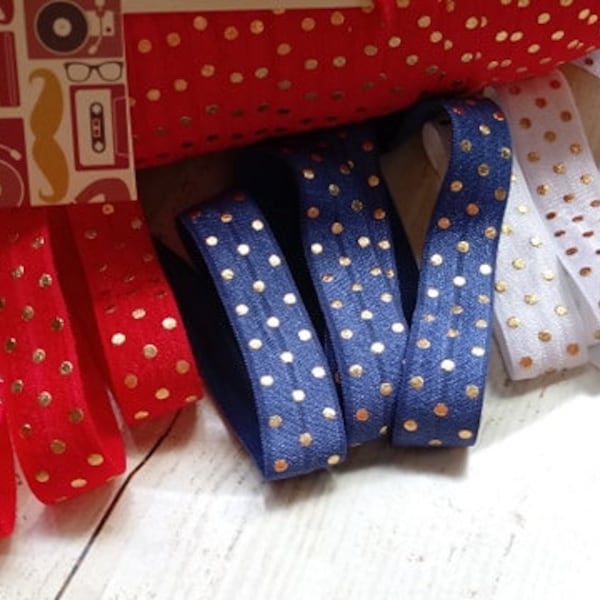 Red, White or Navy- Gold dots 5/8" fold over elastic, shiny elastic, by the yard, FOE elastic, diy supply, elastic for headband, Supply shop