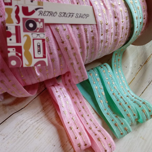 Pink or Aqua Gold Arrows 5/8" fold over elastic, shiny elastic, by the yard, FOE elastic, diy supply. elastic for baby headband, Supply shop