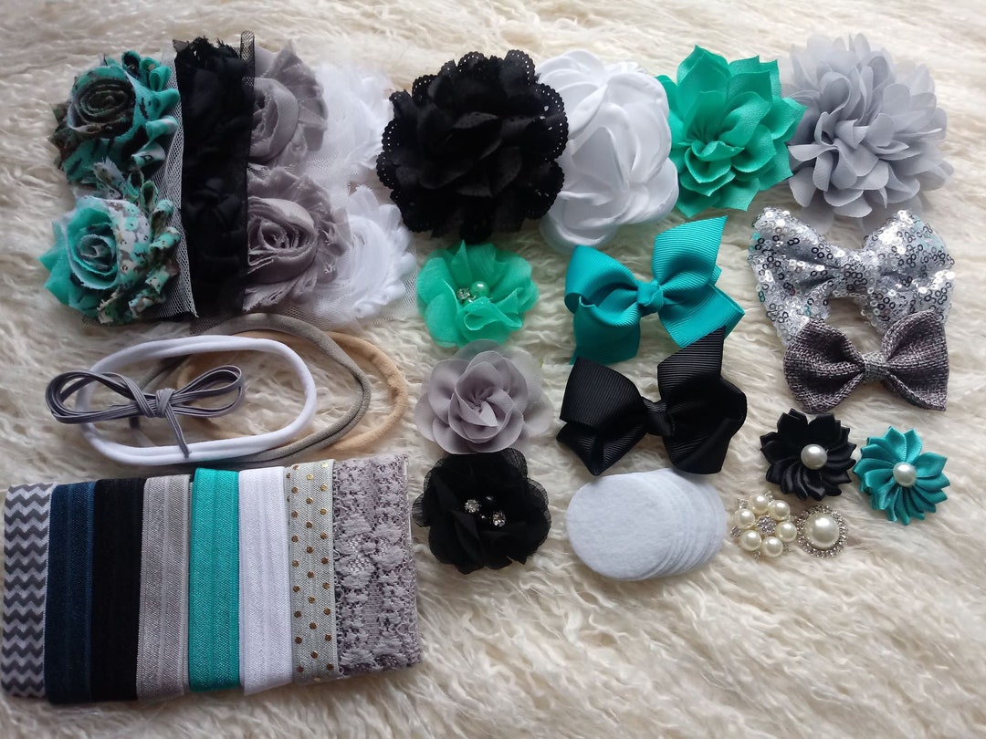 DIY Baby Headband Making Kit, Silver, Teal, Black & Grey Kit, Shabby