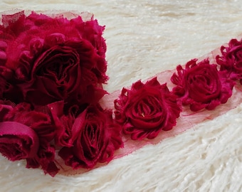 Burgundy Shabby Chiffon Flower Trim, Rose Embellishment By The Yard