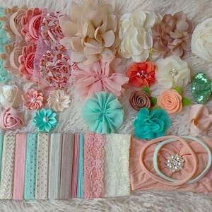 DIY Baby Headband Making Kit, Peach, Coral, Brown, Aqua & Ivory Kit, Shabby Chic, Glam Flower for Baby Shower Headbands-supply shop