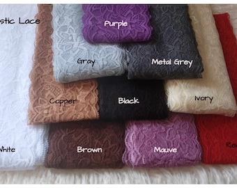 May include: A collection of 3-inch elastic lace trim in various colors, including white, copper, gray, purple, metal grey, black, ivory, brown, mauve, and red.