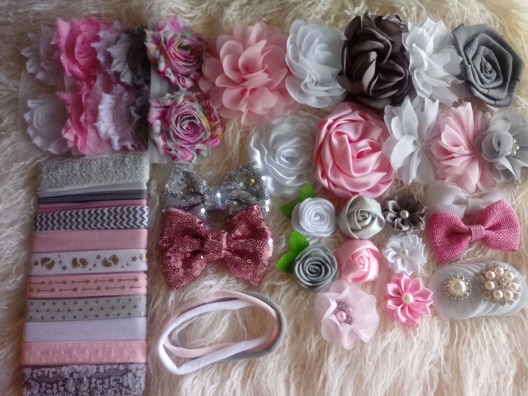 DIY Baby Headband Making Kit,baby Pink, Grey, White & Pink Kit, Shabby