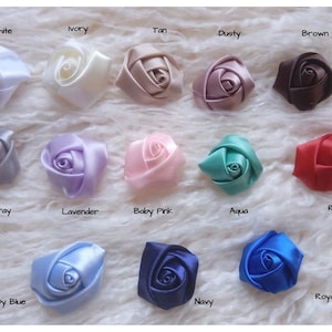 Peut inclure: Une collection de rosettes de 2,5 cm de diamètre, dans des couleurs variées : blanc, ivoire, beige, poussiéreux, marron, gris, lavande, rose bébé, turquoise, rouge, bleu bébé, marine et bleu roi. En satin.