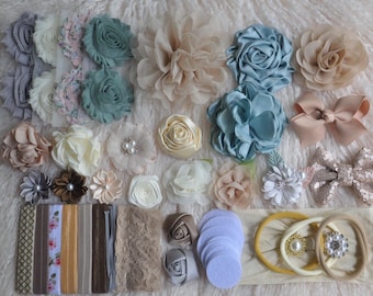 DIY Baby Headband Kit: Neutral Flowers & Bows-Headband Station Activity- Makes 24-26 Headbands.