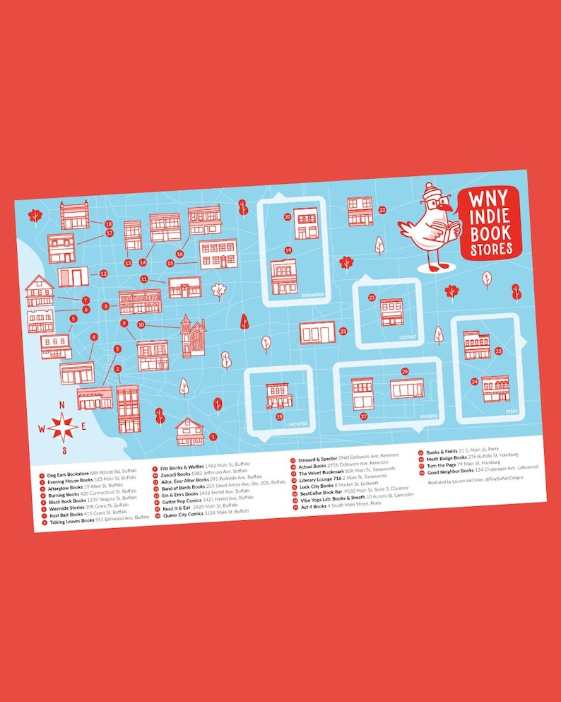 May include: A map of WNY Indie Book Stores, featuring a blue background with red illustrations of buildings and a bird character. The map includes a compass rose and a list of store names and addresses.