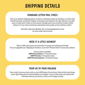 May include: A yellow graphic with the text "SHIPPING DETAILS" at the top. The graphic provides information on shipping options, including standard letter mail, USPS Parcel Select, USPS Priority, and USPS Priority Express. The text also mentions shipping times.