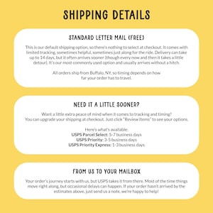 May include: A yellow graphic with the text "SHIPPING DETAILS" at the top. Below are details about standard letter mail, and options for faster shipping, including USPS Parcel Select, Priority, and Priority Express. The text also mentions the order's journey.