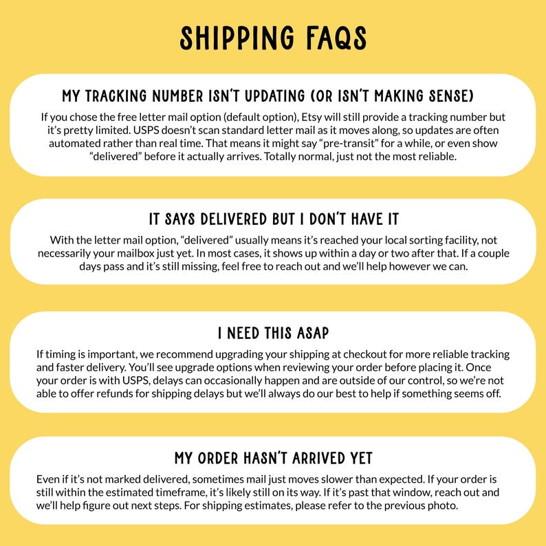 May include: A yellow background with the text "SHIPPING FAQS" at the top. Below are four sections with text addressing common shipping questions, such as tracking updates, delivery issues, and expedited shipping options.
