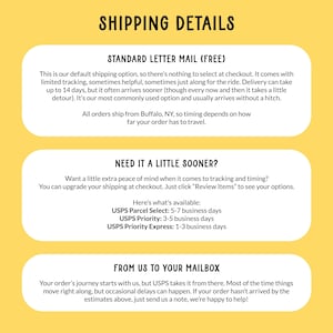 May include: Image with the text "SHIPPING DETAILS" on a yellow background. The text describes standard letter mail, and faster shipping options like USPS Parcel Select, Priority, and Express. The text also mentions that orders ship from Buffalo, NY.
