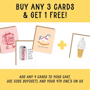 May include: Four greeting cards with illustrations, including a pink card with a cartoon backpack, a card with a rocking horse, a card with a soda can, and a card with an ice cream cone. Text on the cards includes "Happy B-Day" and "baby's first rodeo."