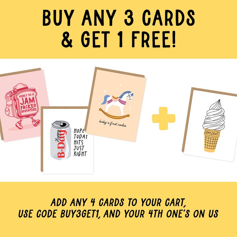 May include: Four greeting cards with illustrations, including a pink card with a cartoon backpack, a card with a rocking horse, a card with a soda can, and a card with an ice cream cone. Text on the cards includes "Happy B-Day" and "baby's first rodeo."