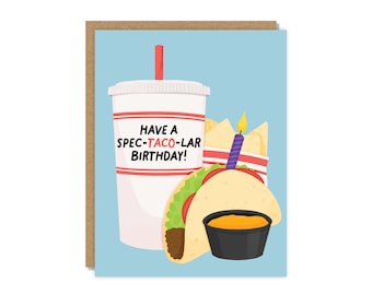 Tarjeta de cumpleaños Spec-Taco-Lar, Tarjeta de cumpleaños divertida con temática de tacos, Tarjeta con juego de palabras sobre comida